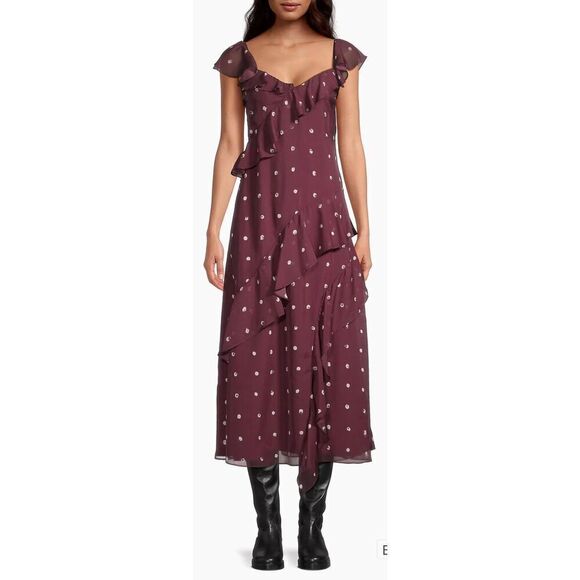 Jason Wu Paint Dot Silk Chiffon Midi-Dress in Burgundy Multi NWT Size 12 - Picture 3 of 11